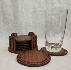 Coaster set, engraved with playing symbols. Add your logo to the coasters.